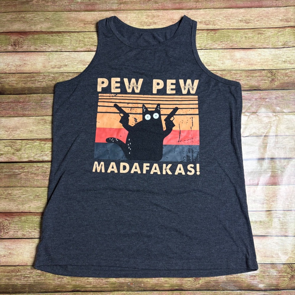 Pew Pew Madafakas Black Cat Graphic Tank Top Grey Retro Sunset Muscle Tank